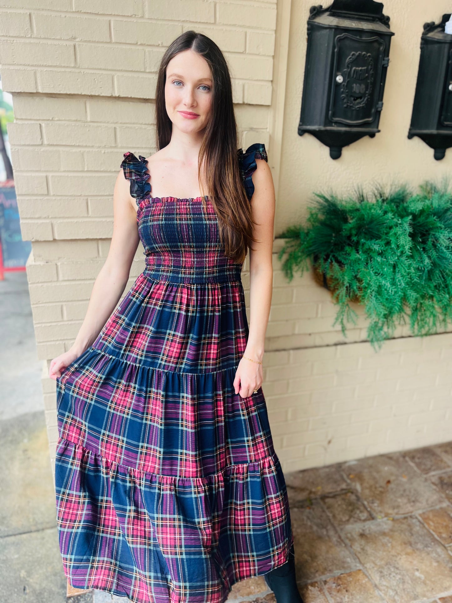 Plaid Smocked Tiered Midi Dress - Navy