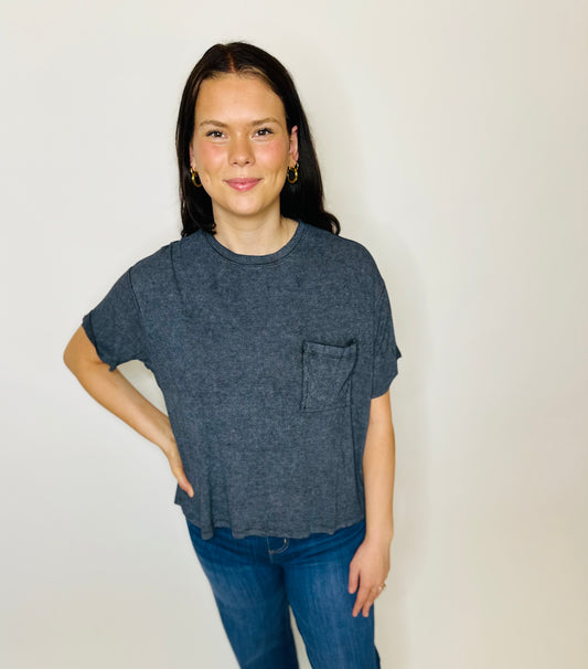 Washed Ribbed Round Neck Top - Ash Black