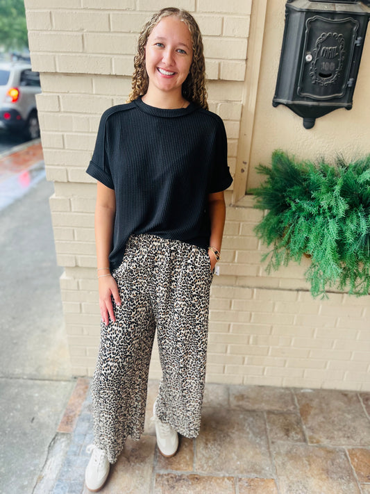Leopard Print Wide Leg Pleated Pants