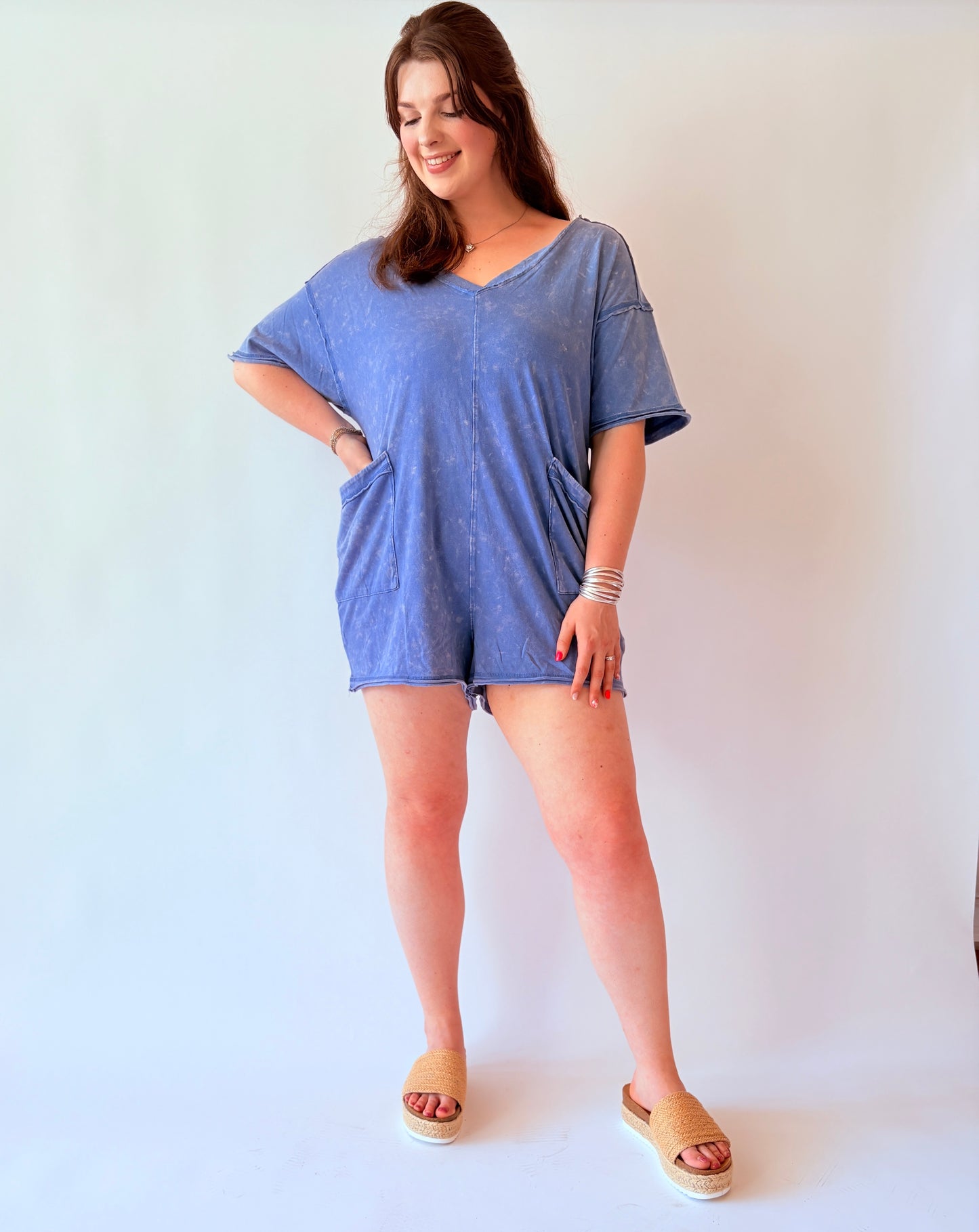 Mineral Washed Oversized Romper - Denim