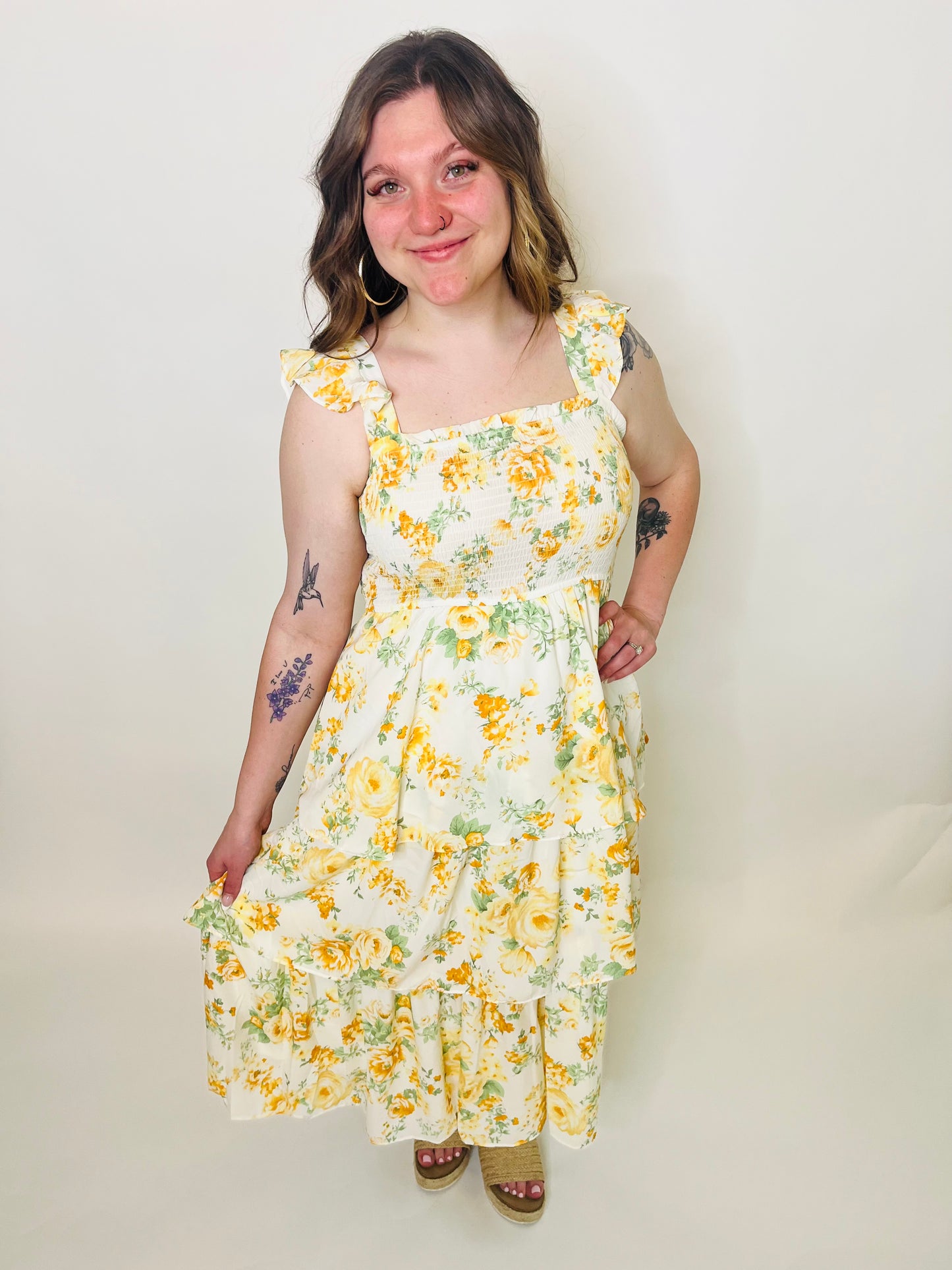 Floral Smocked Sleeveless Ruffle Tiered Dress - Yellow