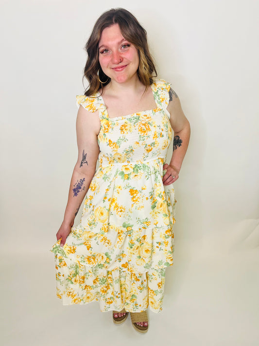 Floral Smocked Sleeveless Ruffle Tiered Dress - Yellow