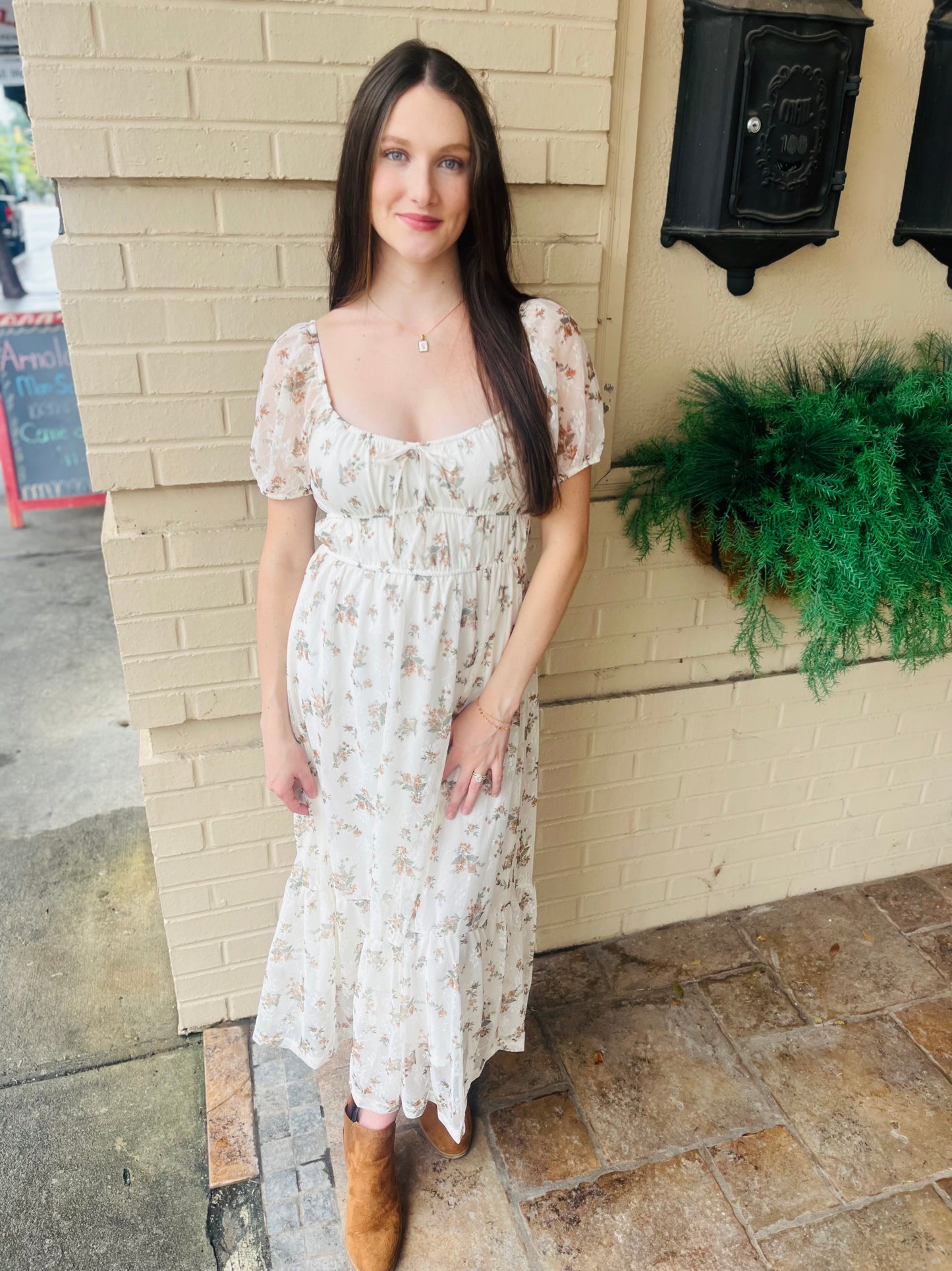 Sheer Sleeve Floral Front Tie Midi Dress - Cream