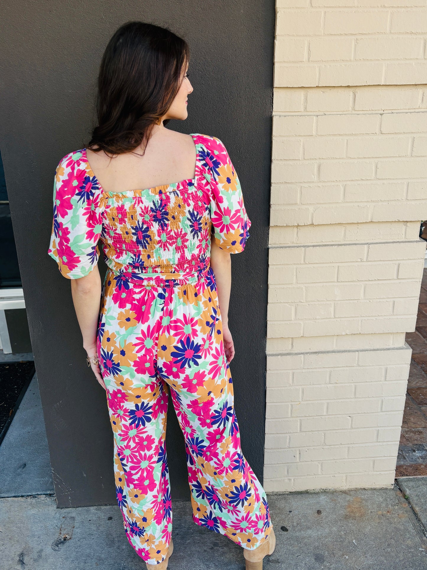 Vivid Floral Smocked Jumpsuit - Off White