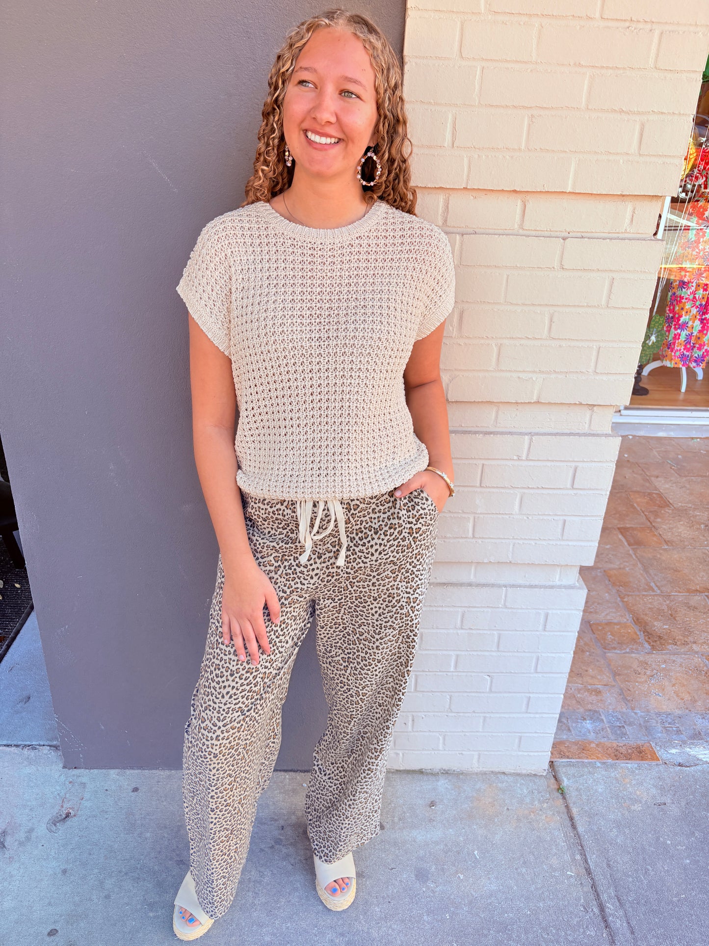 Animal Print Linen Wide Leg Pants - Beige Leopard