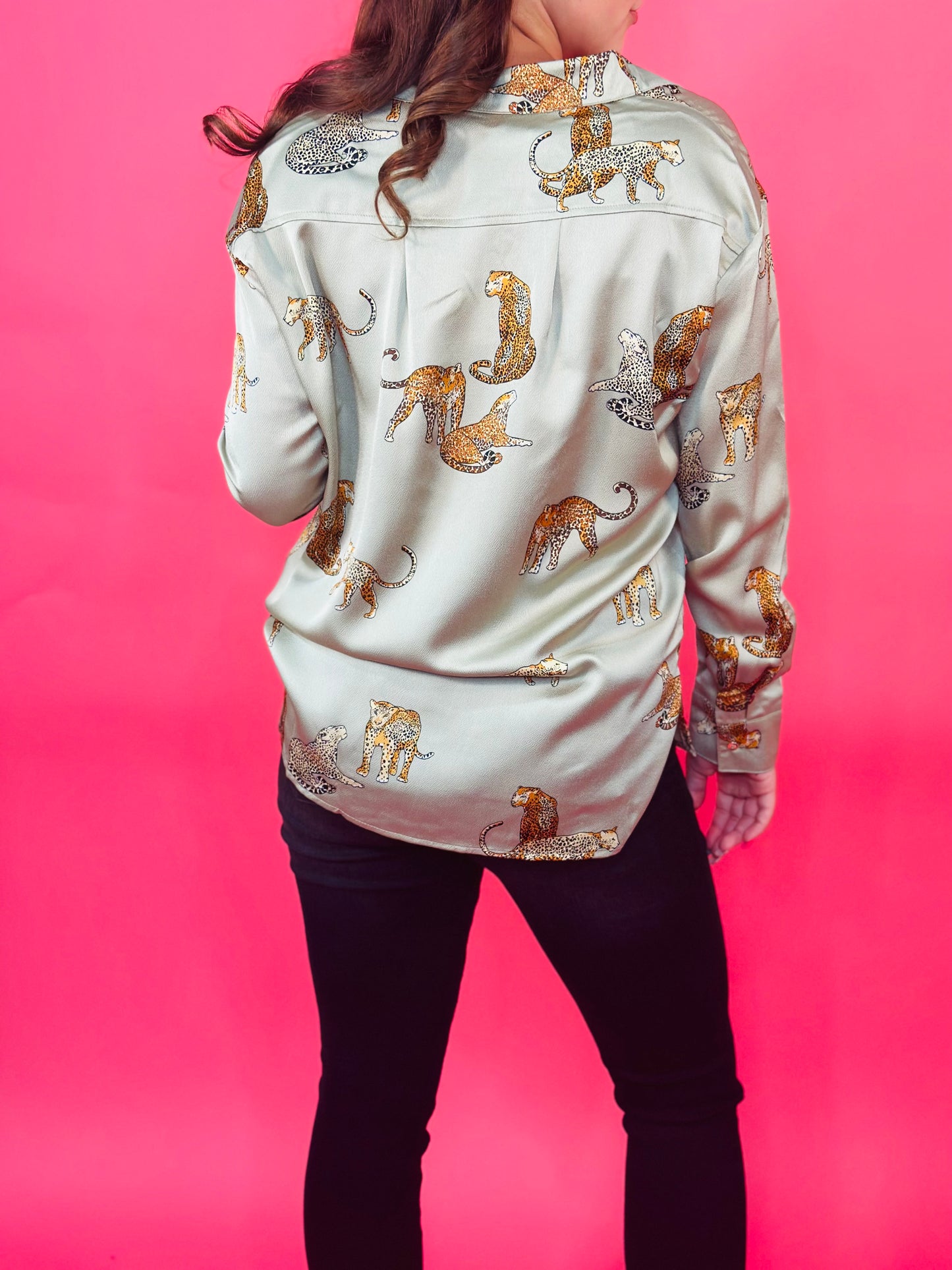 Let’s Get Creative Olive Cheetah Satin Button Down