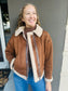 Contrast Faux Shearling Jacket - Brown