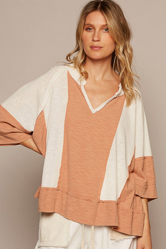 ONLINE ONLY POL Notched Frayed Edge Contrast Top