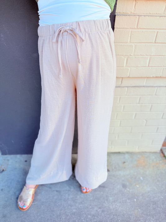 Waist Band Linen Palazzo Pants - Sand
