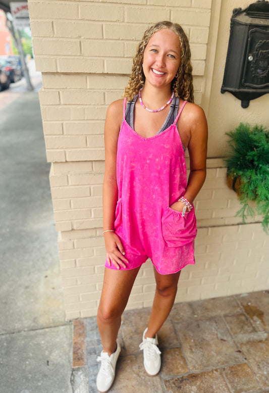 Mineral Washed Sleeveless Romper - Pink