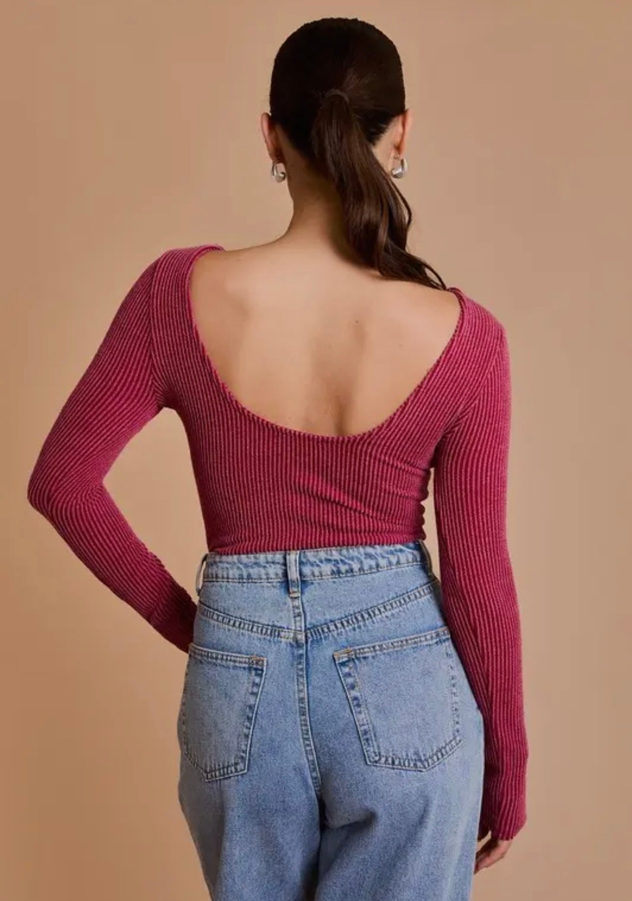 Long Sleeve Back Scoop Bodysuit - Burgundy