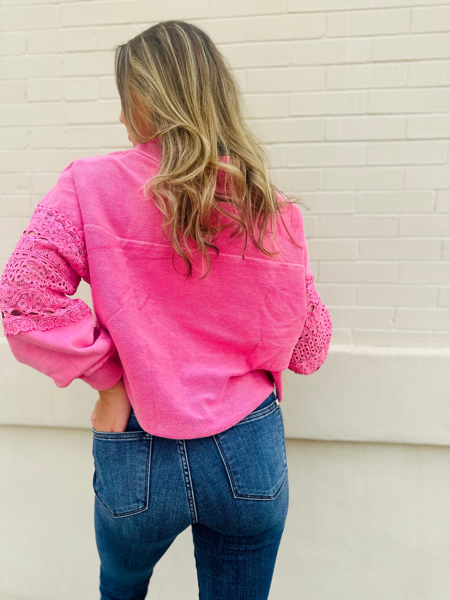 Garment Washed Lace Edge Pullover - Hot Pink