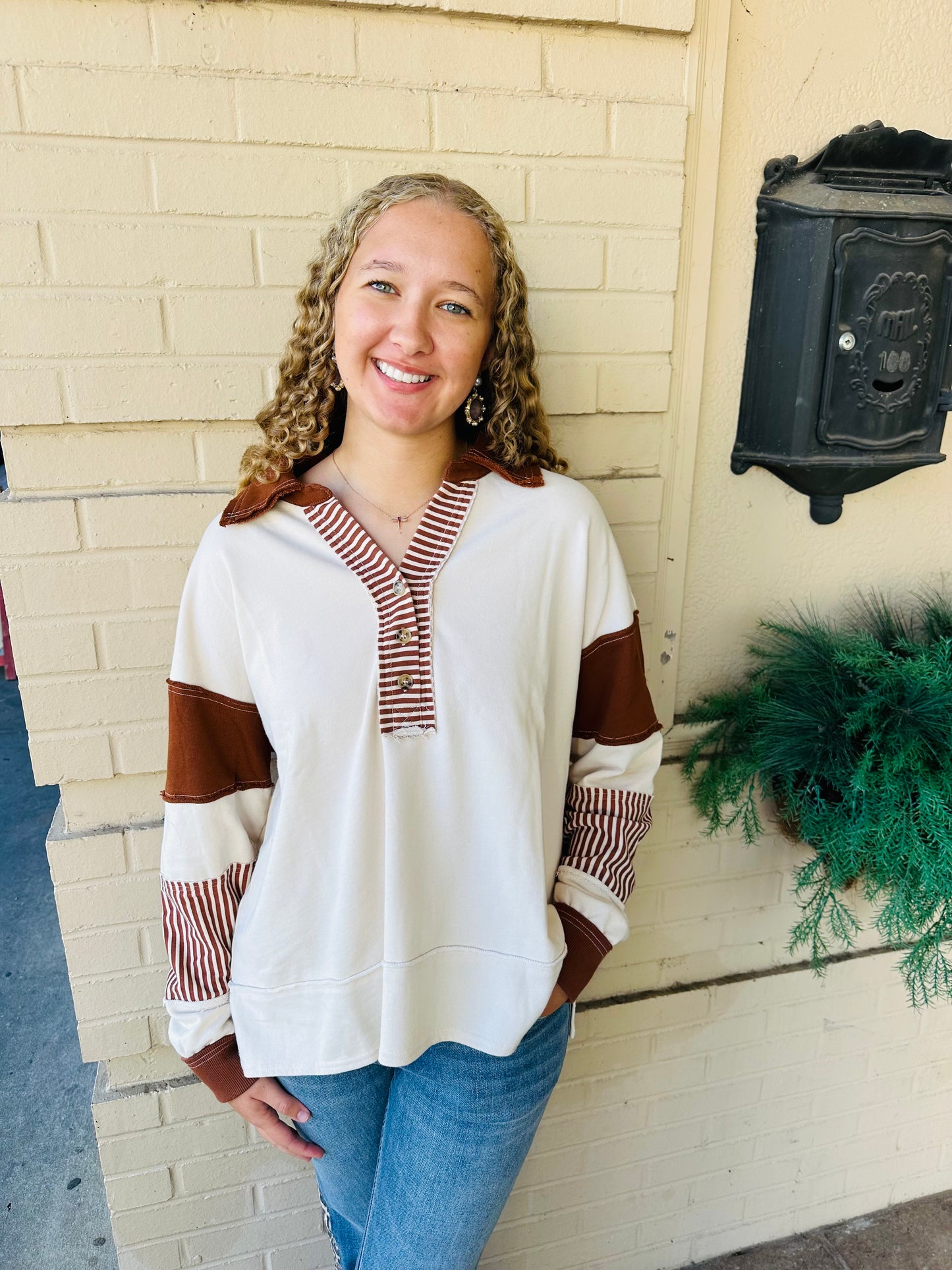 Color Block Knit Pullover Top - Chestnut