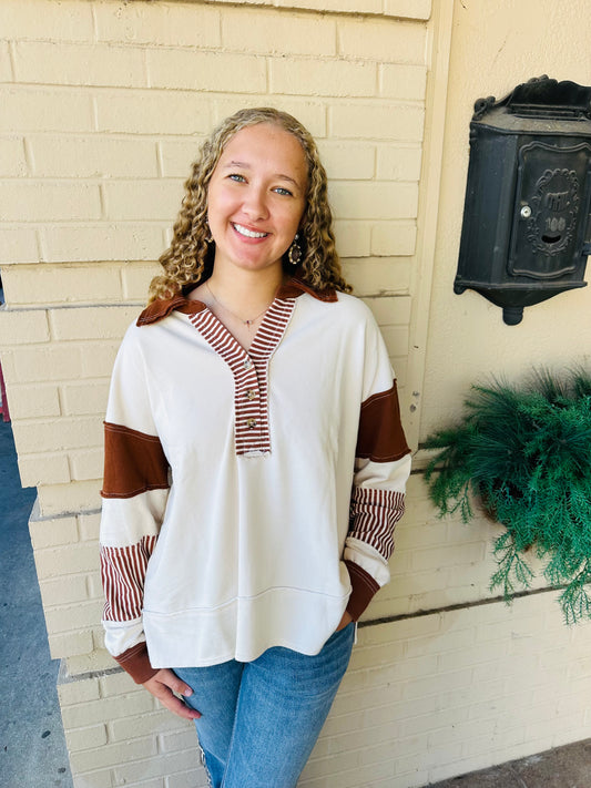 Color Block Knit Pullover Top - Chestnut