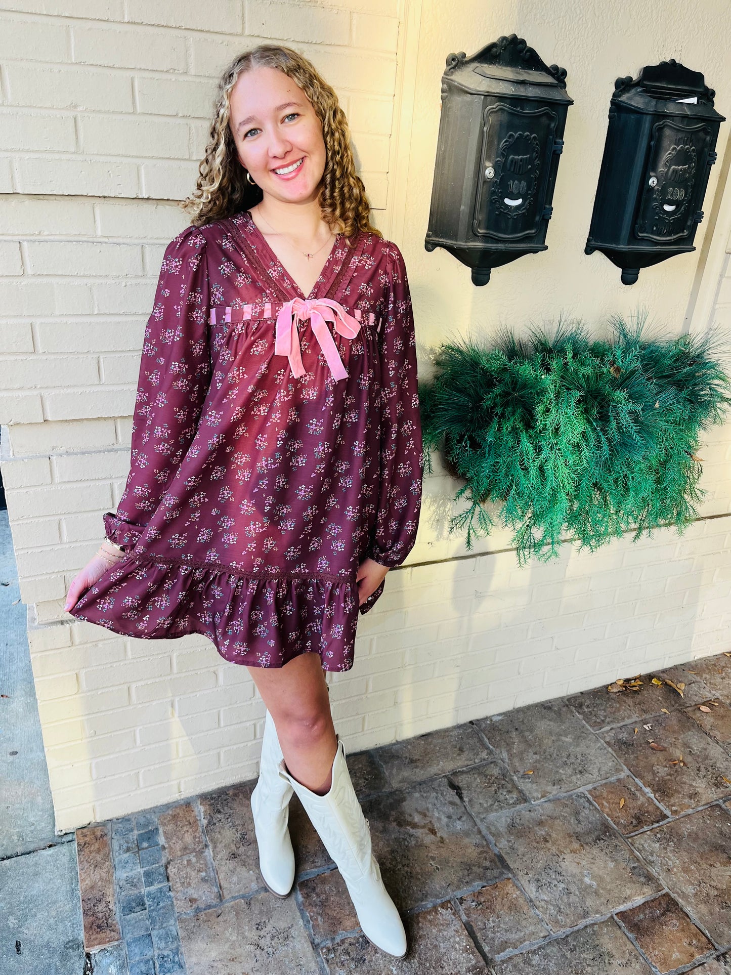Floral Printed Front Bow Dress - Chocolate