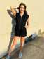 Drop Shoulder Textured Front Zip Romper - Black