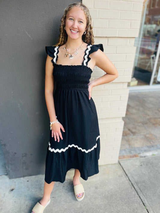 Wavy Trim Ruffle Detail Sleeveless Midi Dress - Black