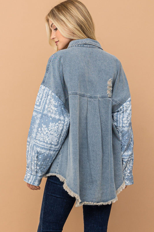 Full Size Paisley Print Quilted Sleeves Denim Jacket