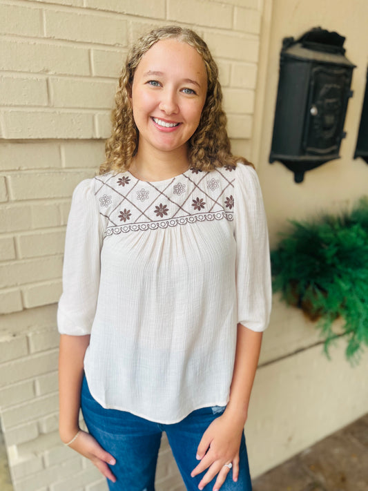 Floral Embroidered 3/4 Sleeve Blouse