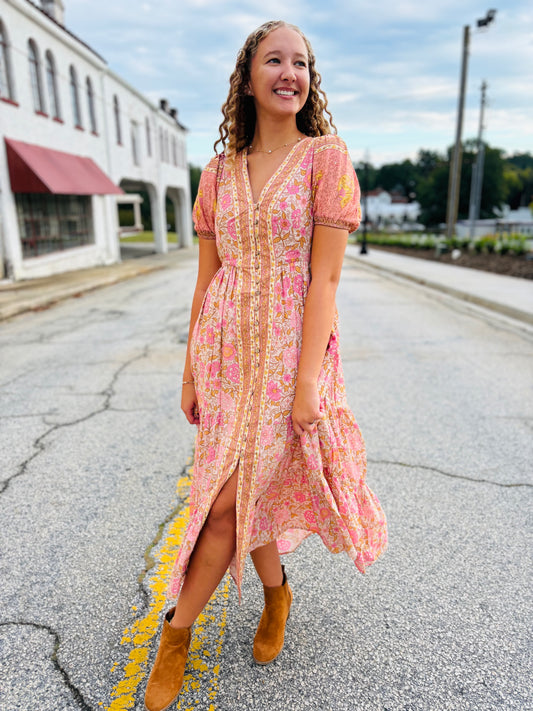 Border Print Button Down Maxi - Dusty Rose