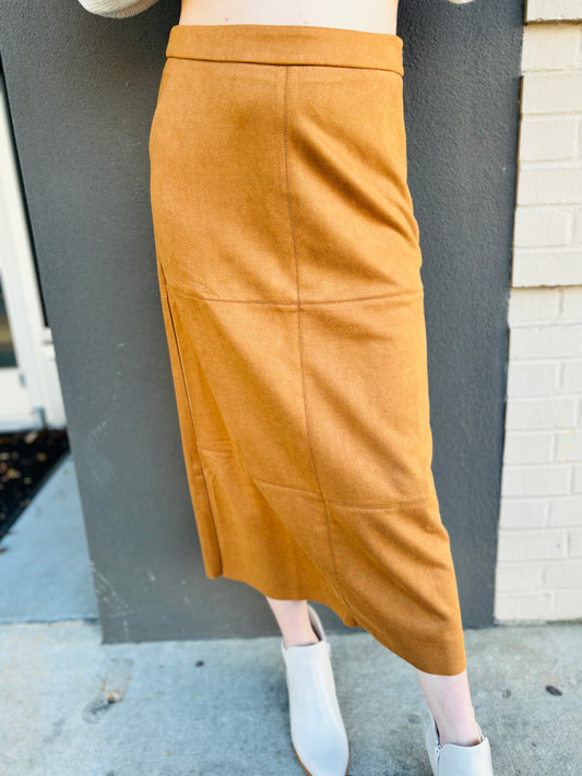 Super Soft Suede Midi Skirt with Backslit - Caramel