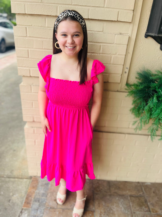 Ruffle Sleeve Smocked Dress - Hot Pink