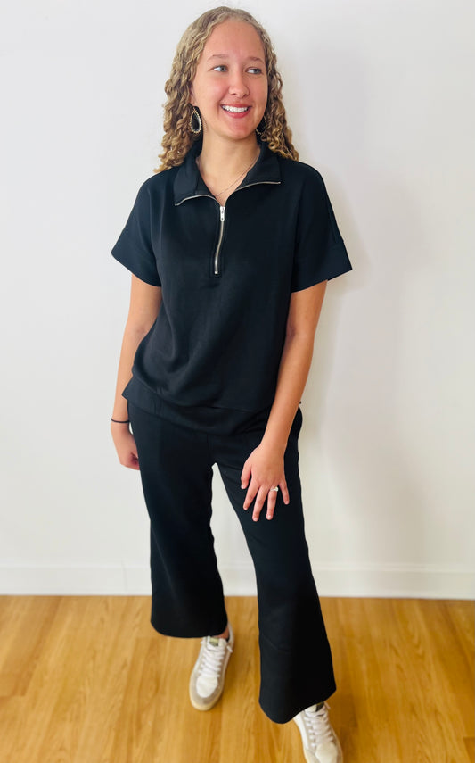 Short Sleeve Quarter Zip and Pants Modal Set - Black
