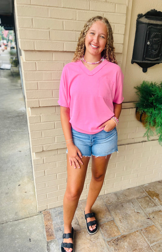 Waffle V Neck Dolman Top - Blossom Pink