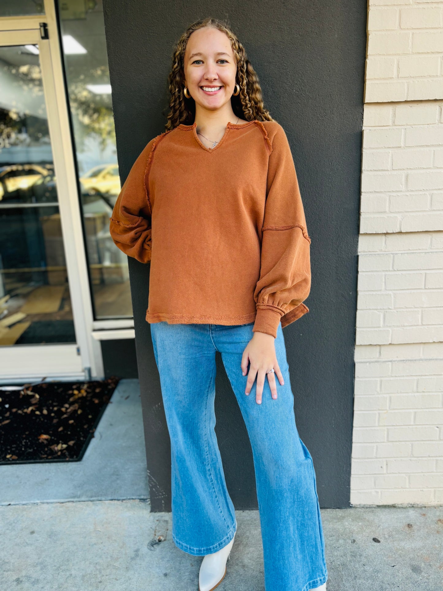 Oversized Garment Notched Top - Cognac