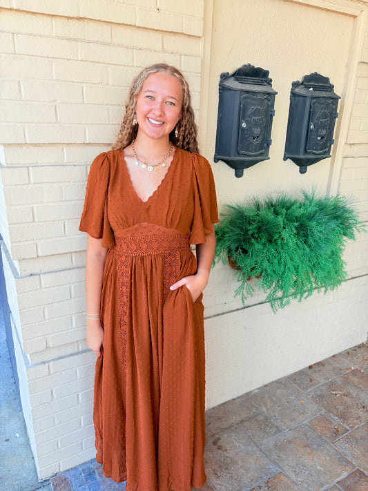 Swiss Dot Lace Maxi Dress - Camel