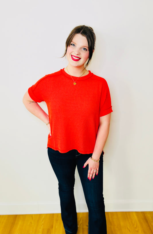 Corded Rib Short Cuff Sleeve Raw Edge Top - Tomato