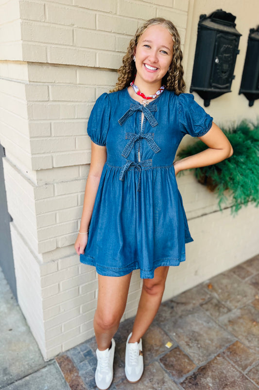 Chambray Front Tie Puff Sleeve Dress