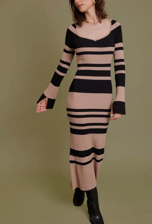 Long Sleeve Sweater Stripe Maxi Dress - Tan