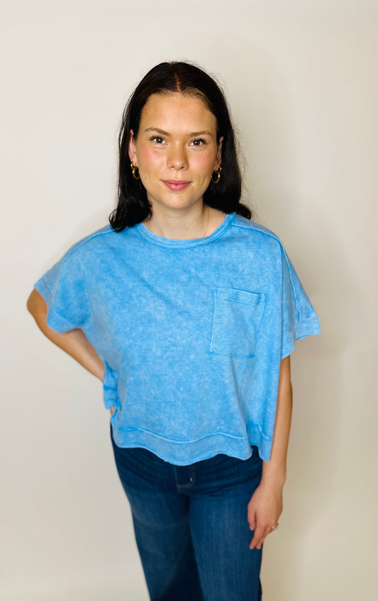 Washed Oversized Crop Tee - Sky Blue