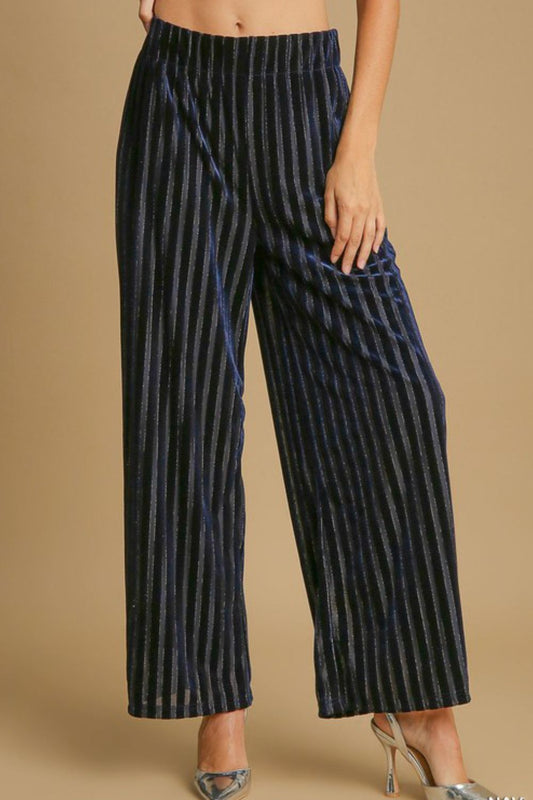 Full Size Elastic Waist Striped Wide Leg Velvet Pants ONLINE ONLY