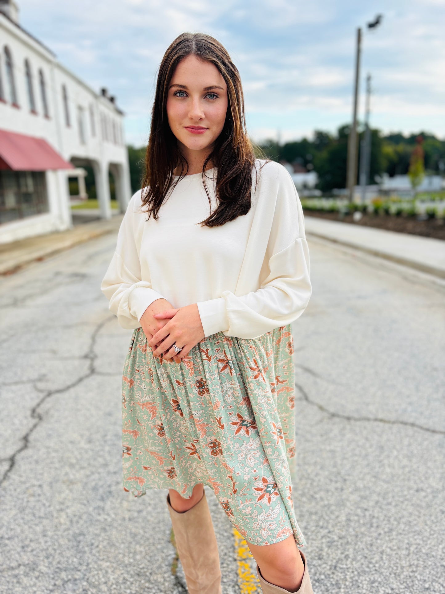 Floral Contrast Sweatshirt Dress - Ivory Combo