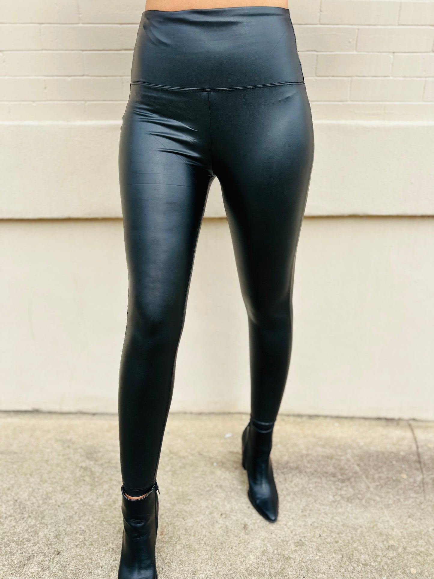 High Rise Faux Leather Leggings - Black