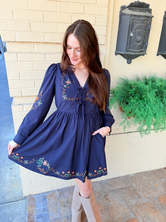 Embroidered Cotton Mini Dress - Midnight