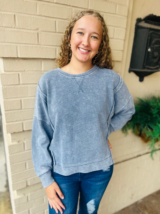 Washed Side Slit Pullover - Denim