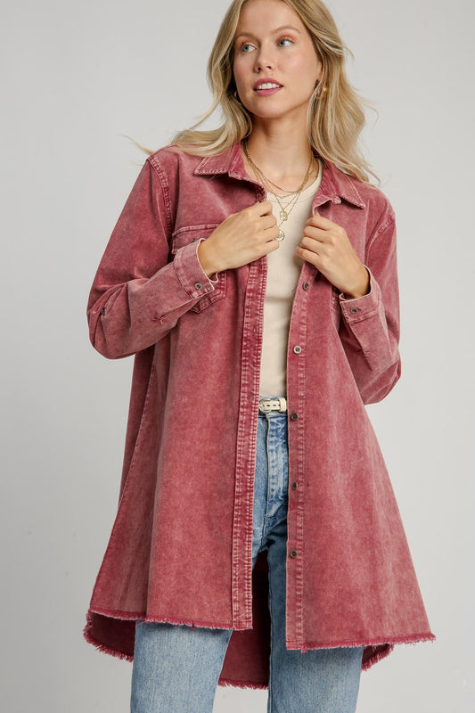 Raw Hem Button Down Denim Jacket with Chest Pockets ONLINE ONLY