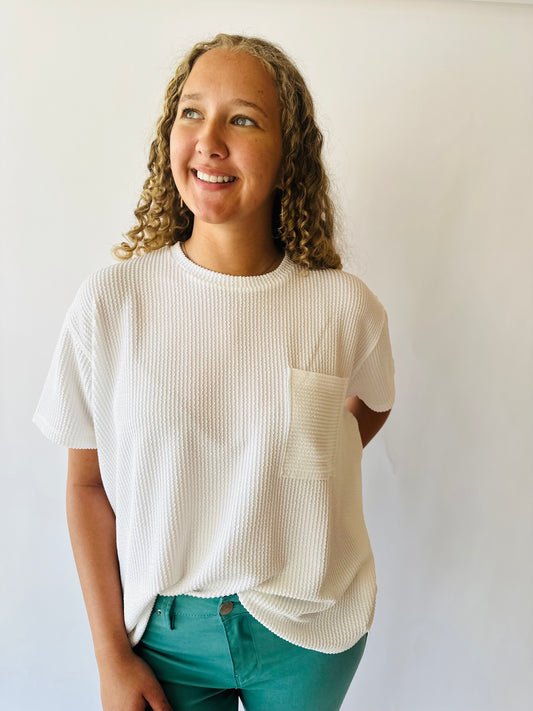Corded Ribbed Pocket Top - Off White