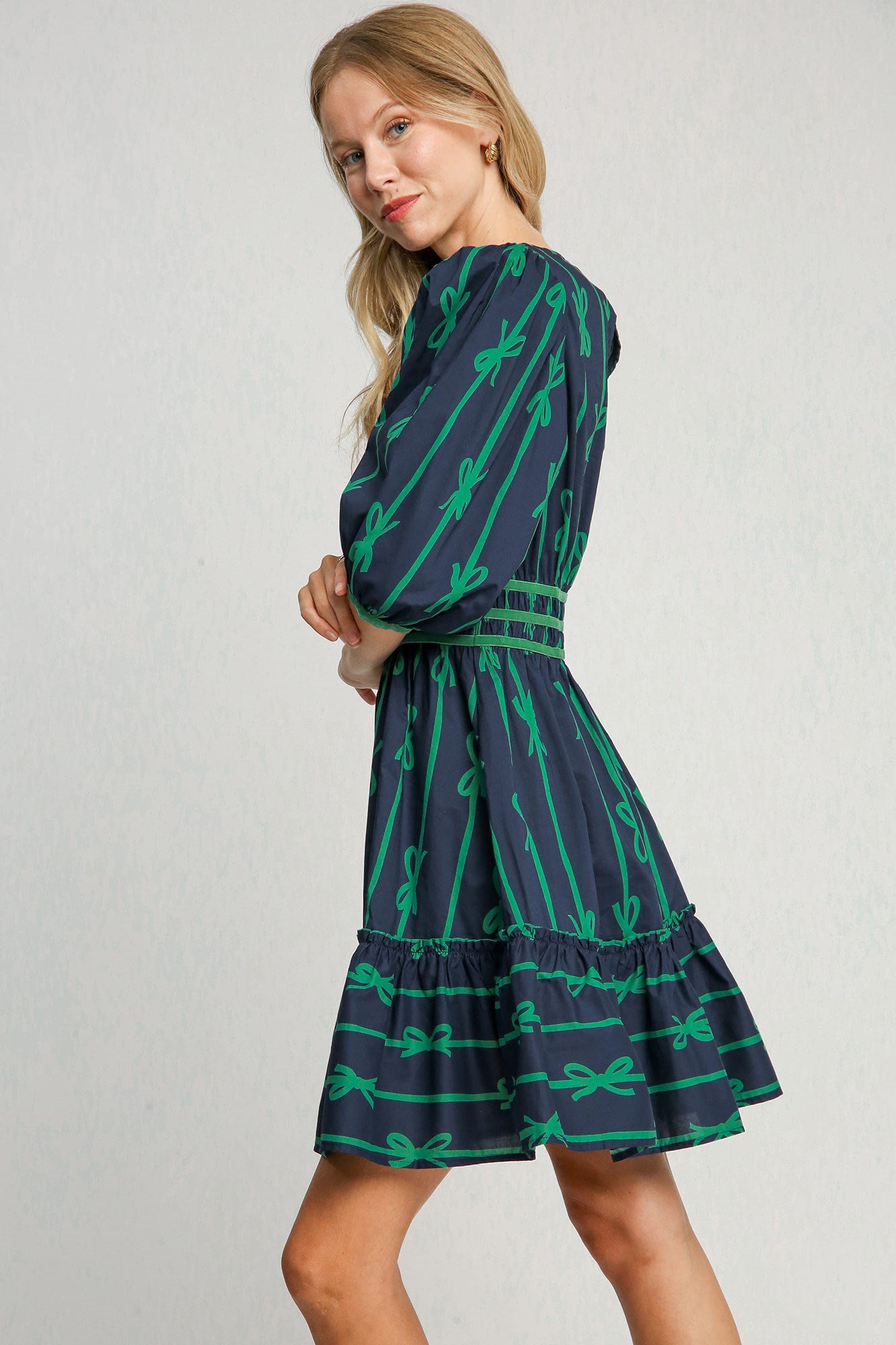 Ribbon Print Frill Contrast Velvet Trim Half Sleeve Dress ONLINE ONLY