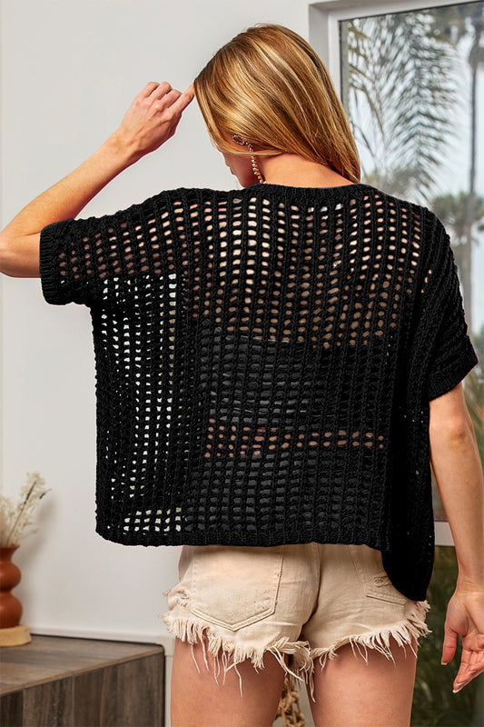 Hollowed Out Short Sleeve Knit Cover Up