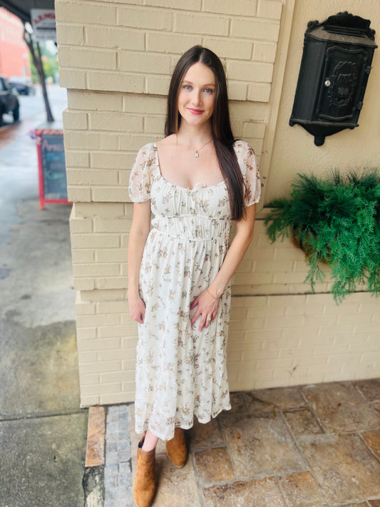 Sheer Sleeve Floral Front Tie Midi Dress - Cream