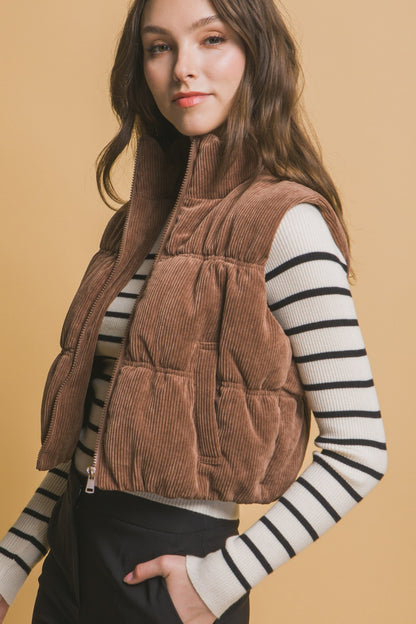 Corduroy Zip Up Puffer Vest with Pockets