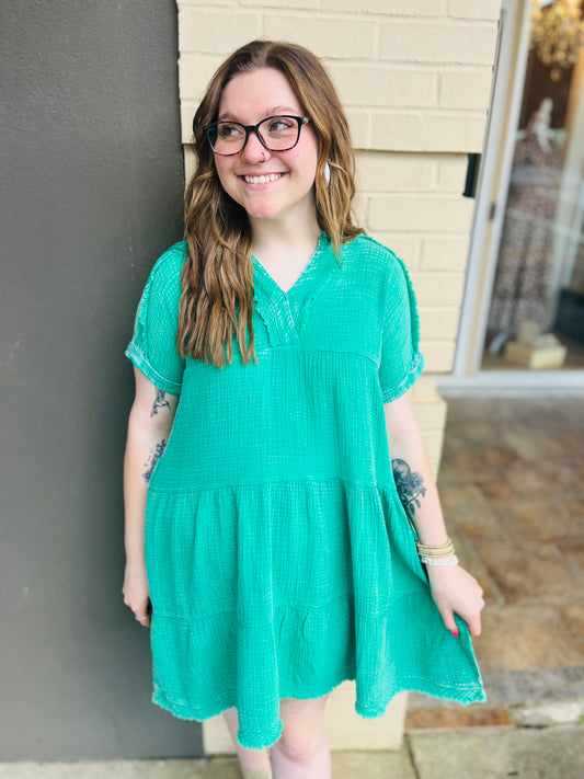 Washed Gauze V-Neck Dress - K Green