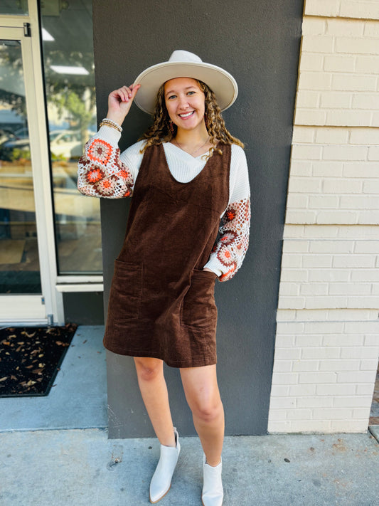 Casual Overall Corduroy Dress - Brown