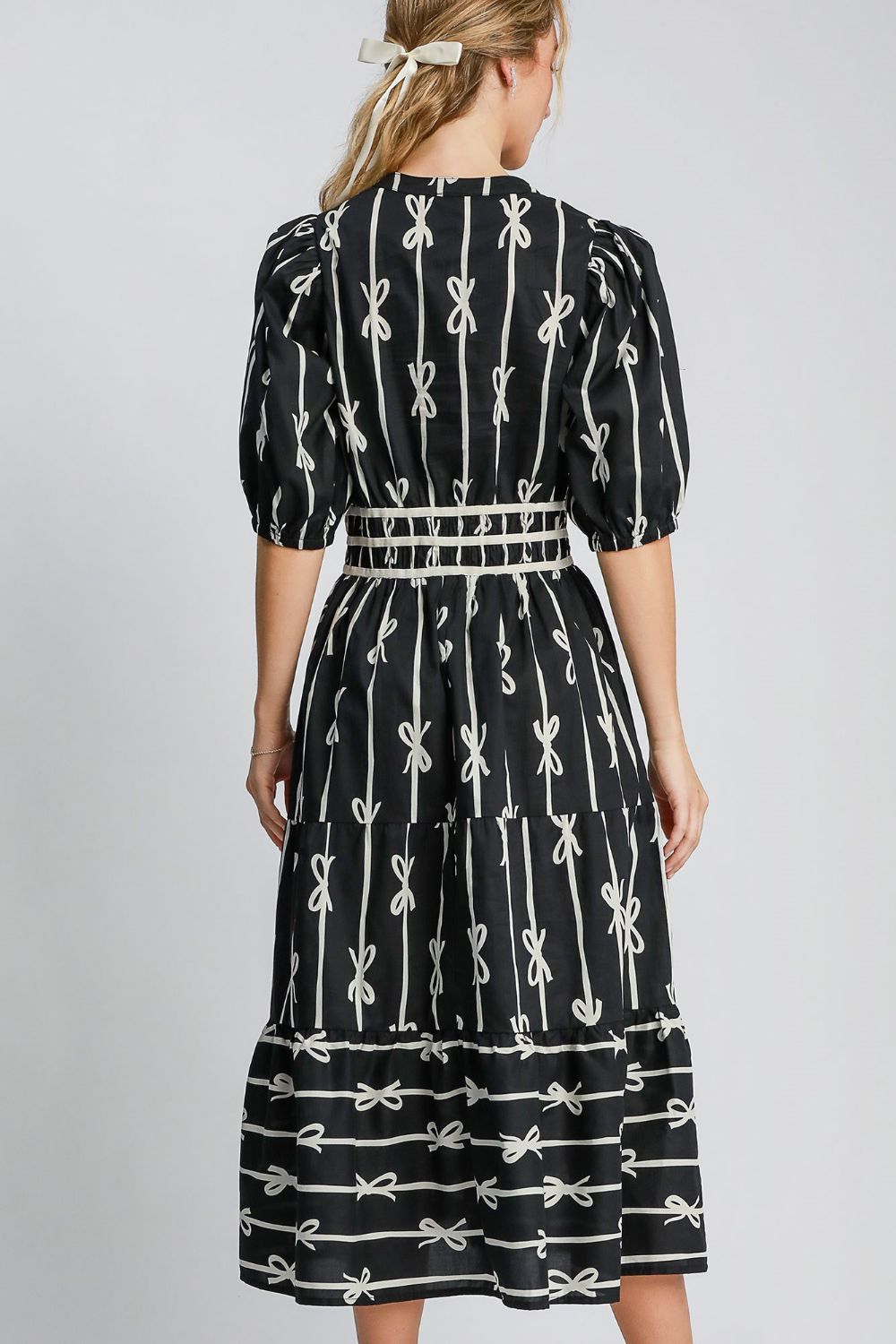 Bow Tie Print Notched Contrast Velvet Trim Midi Dress ONLINE ONLY