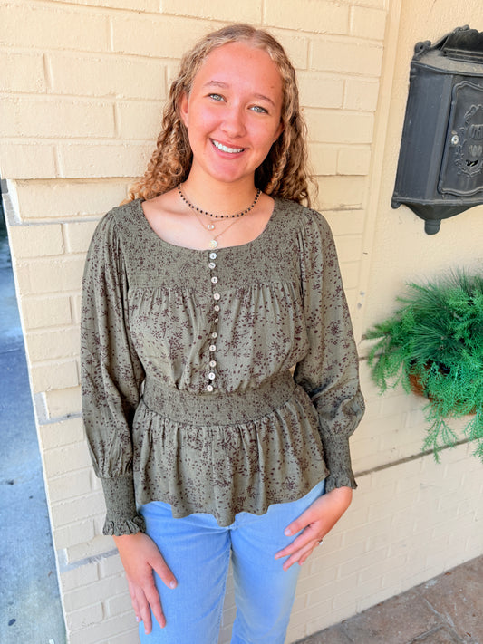 Smocked Button Front Peasant Top - Dark Olive