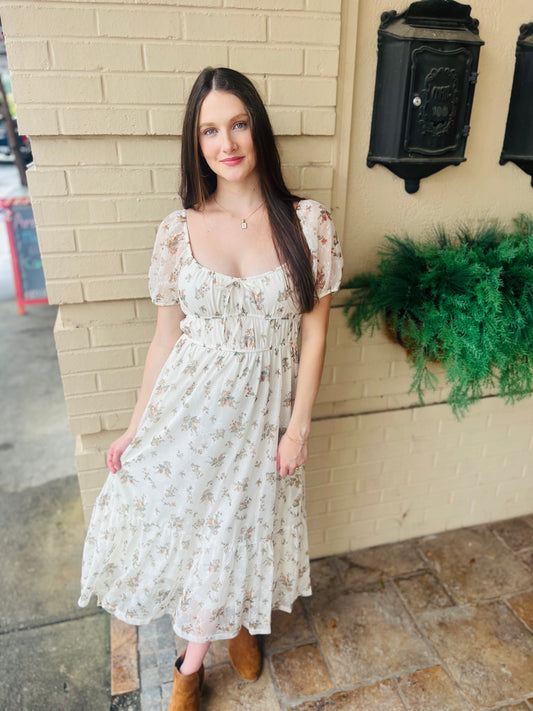 Sheer Sleeve Floral Front Tie Midi Dress - Cream